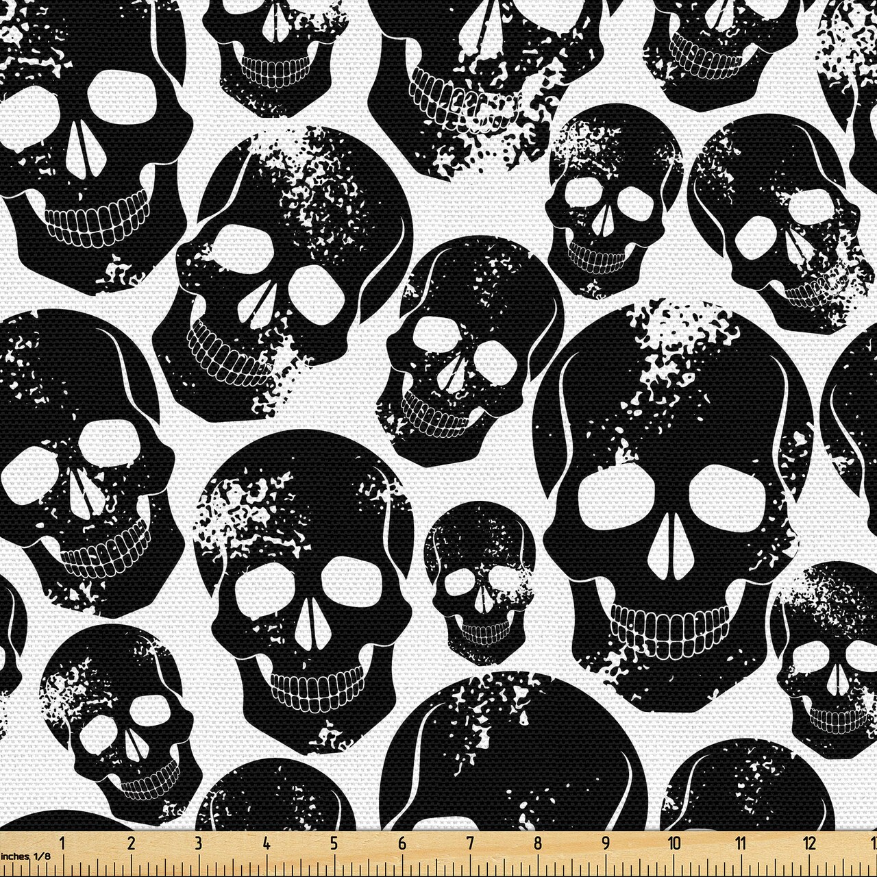 Ambesonne Gothic Fabric by The Yard, Grunge Black Human Skulls on White Backdrop Evil Men Fear Horror Death Skeleton, Decorative Fabric for Upholstery and Home Accents, 5 Yards, Charcoal Black
